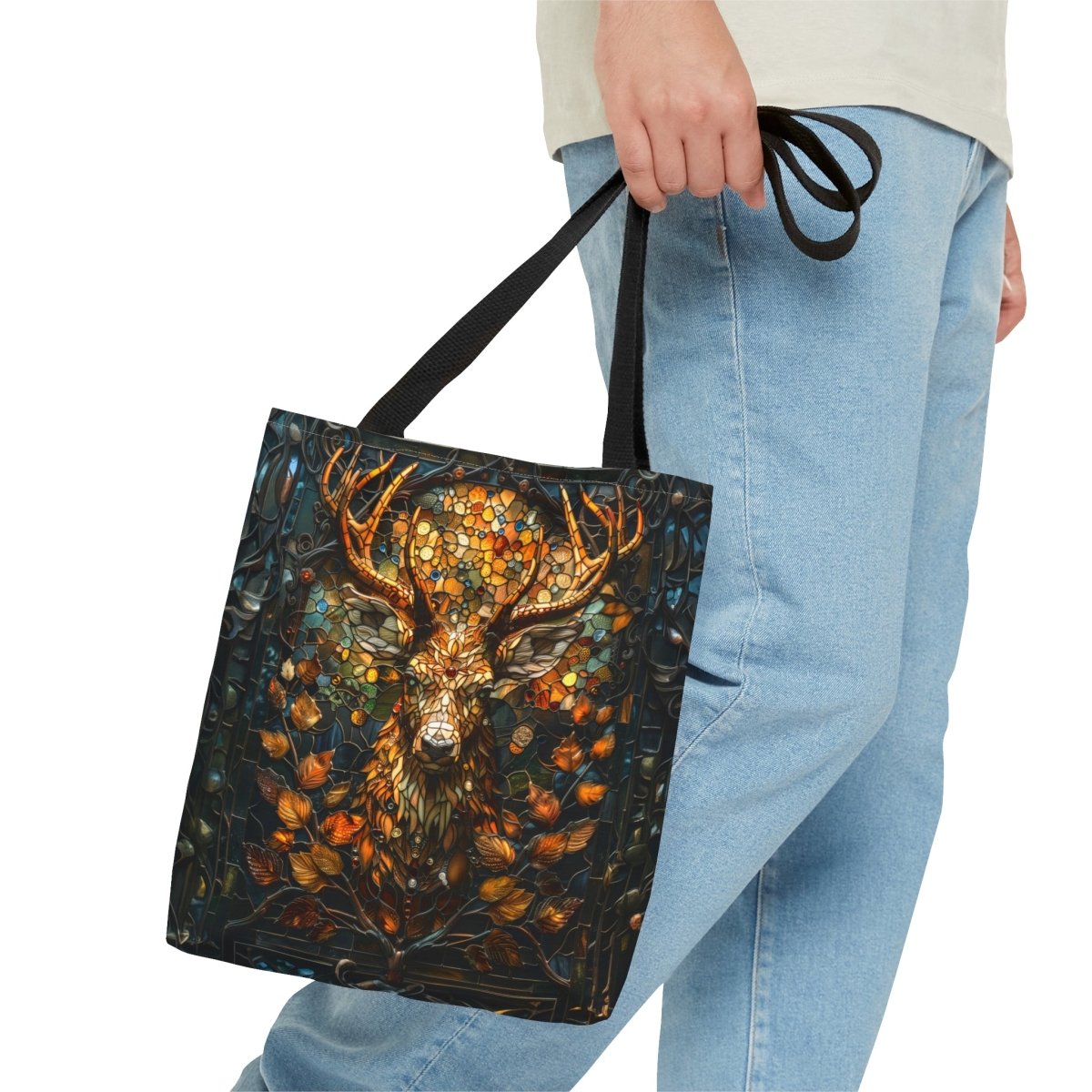 Autumn Majesty: Stained Glass Stag Tote Bag - Elegant Deer