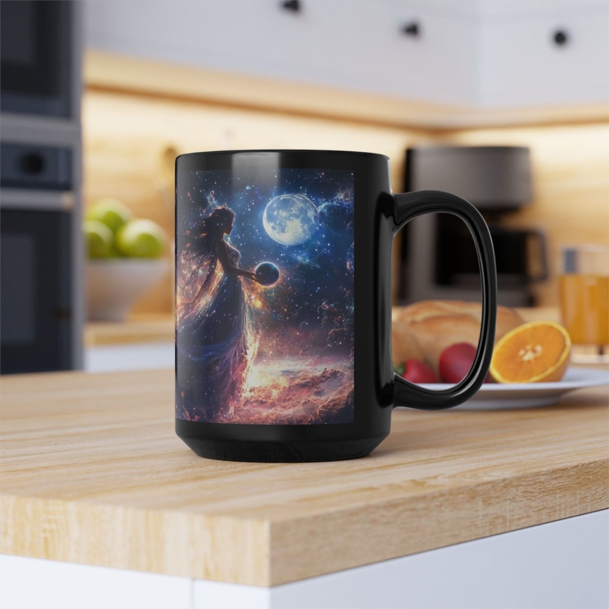 🌠 Celestial Goddess Black Mug – Cosmic Energy & Planets - Elegant Deer