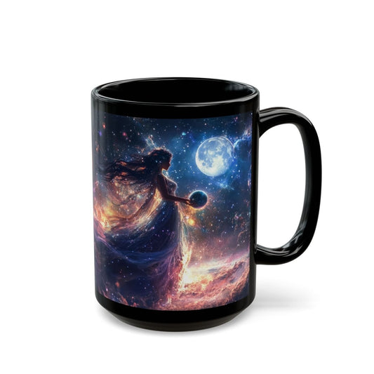 🌠 Celestial Goddess Black Mug – Cosmic Energy & Planets - Elegant Deer