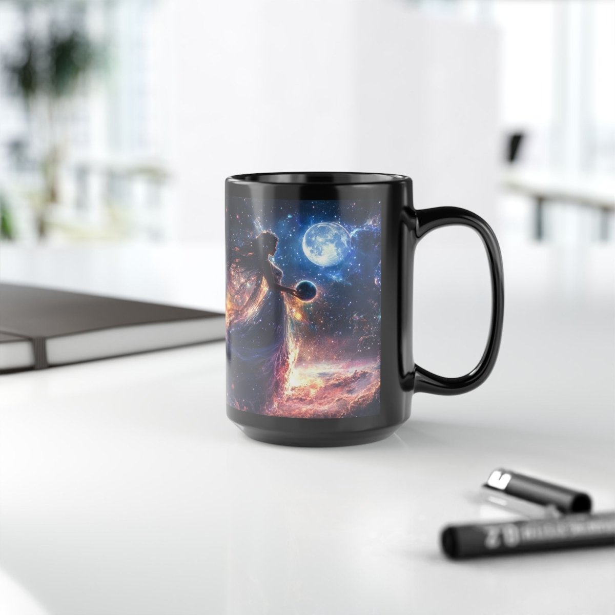 🌠 Celestial Goddess Black Mug – Cosmic Energy & Planets - Elegant Deer