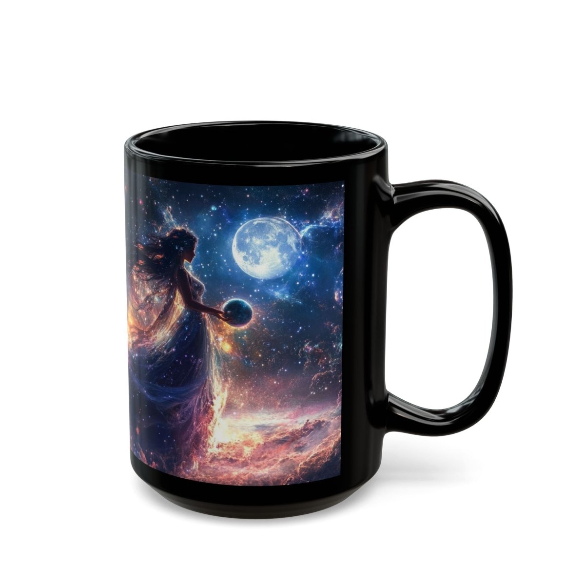 🌠 Celestial Goddess Black Mug – Cosmic Energy & Planets - Elegant Deer