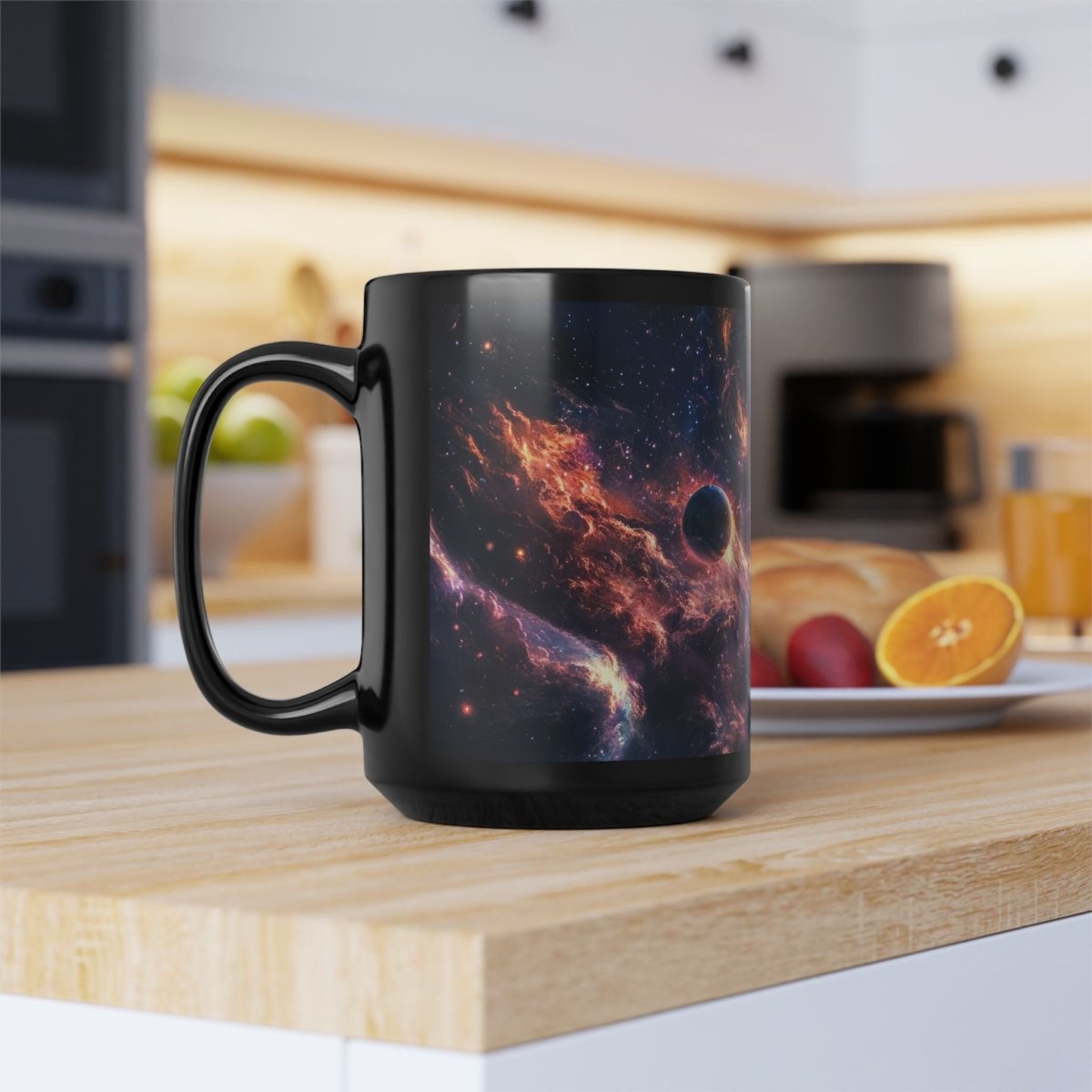 🌠 Celestial Goddess Black Mug – Cosmic Energy & Planets - Elegant Deer