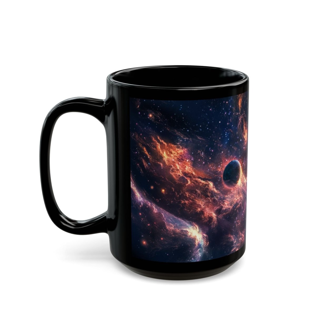 🌠 Celestial Goddess Black Mug – Cosmic Energy & Planets - Elegant Deer