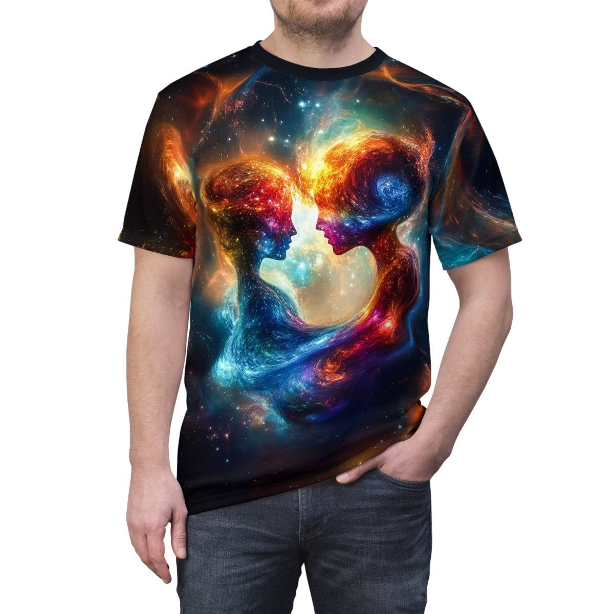 Cosmic Connection: Celestial Lovers AOP T-Shirt - Elegant Deer