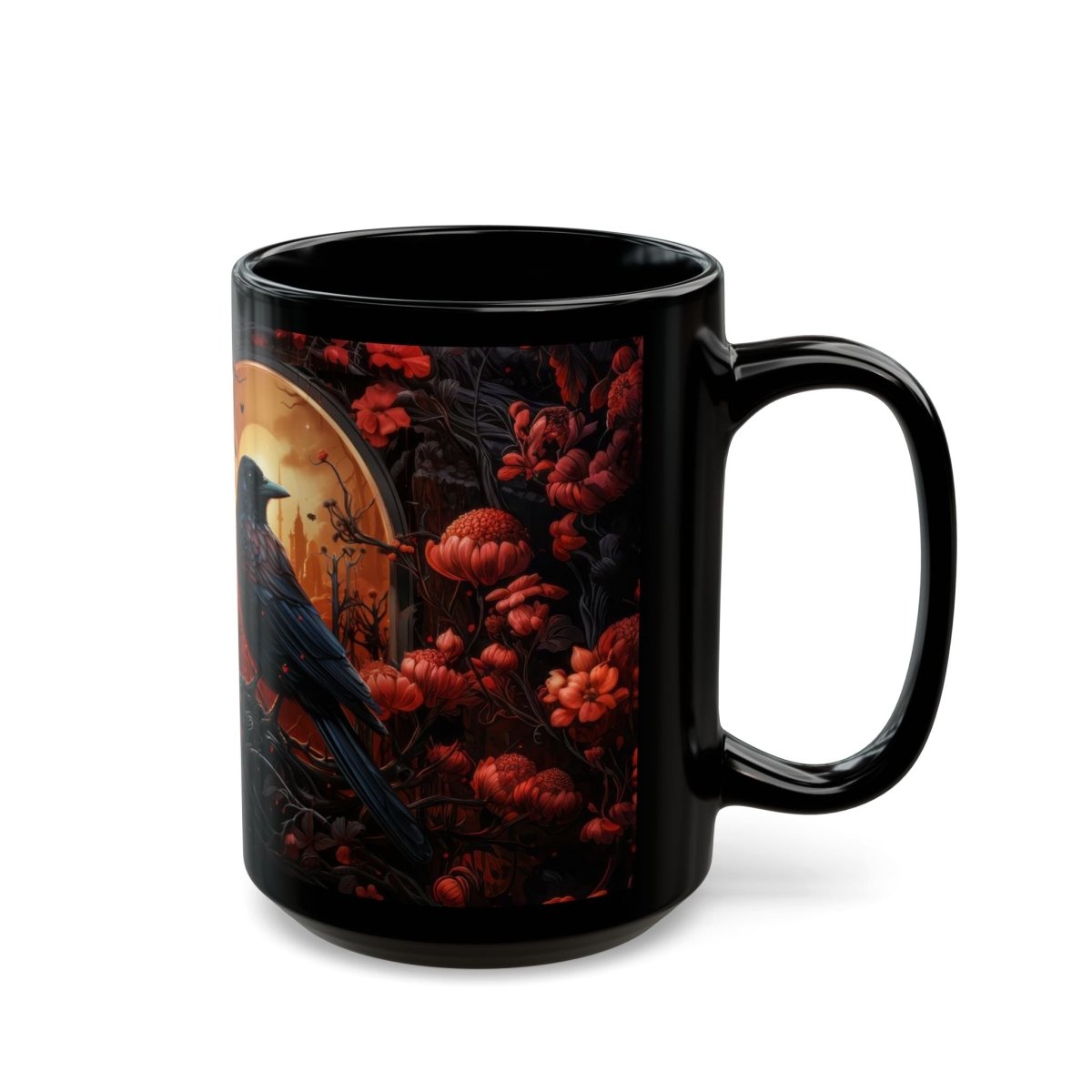 Dark Crow in the Flower Forest Coffe Mug 15oz - Elegant Deer