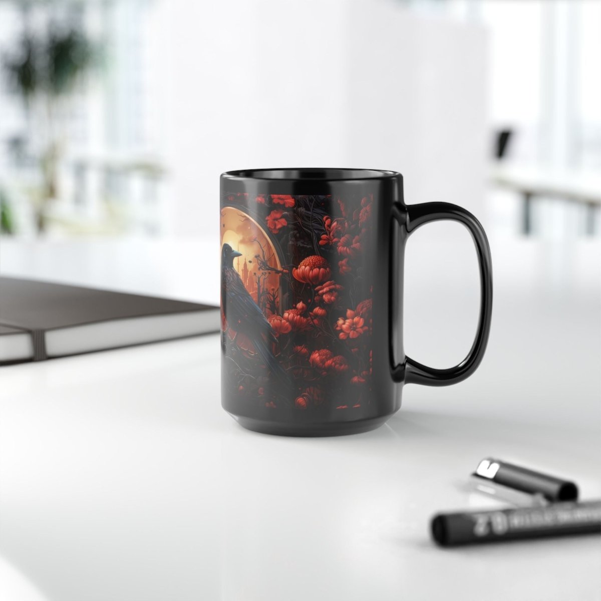 Dark Crow in the Flower Forest Coffe Mug 15oz - Elegant Deer