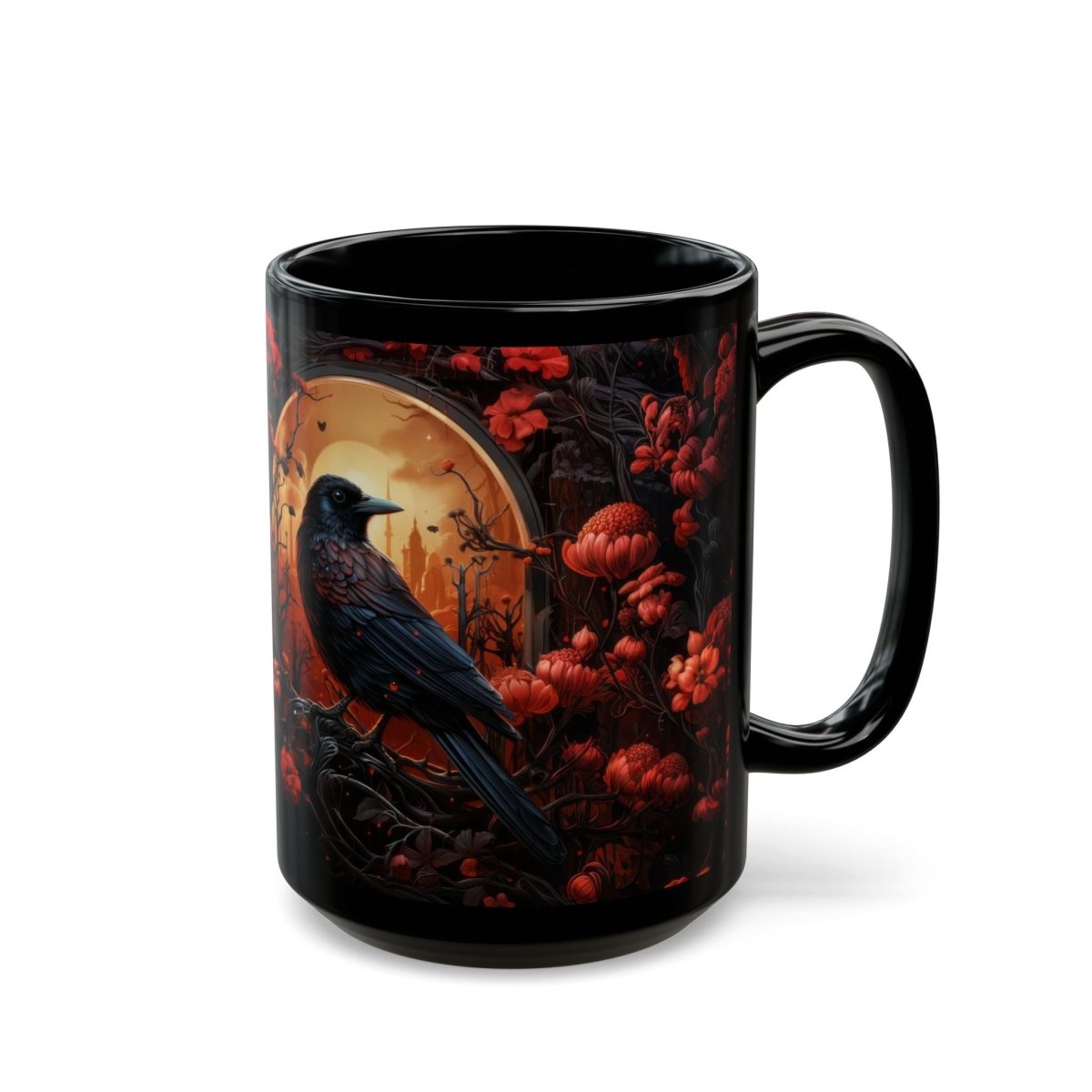 Dark Crow in the Flower Forest Coffe Mug 15oz - Elegant Deer