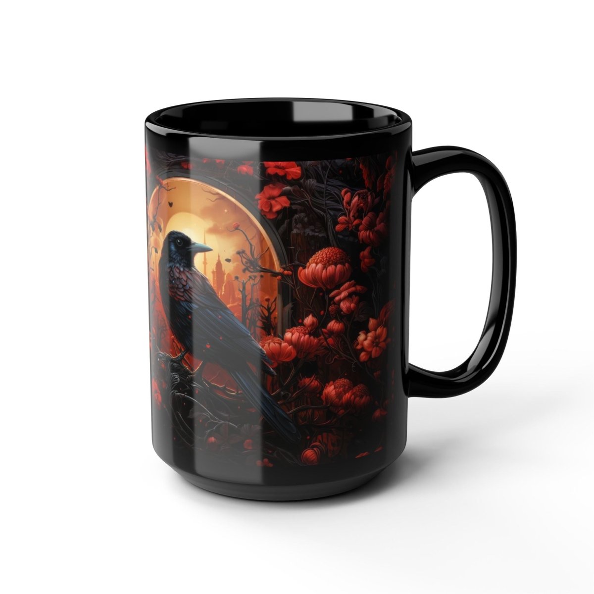 Dark Crow in the Flower Forest Coffe Mug 15oz - Elegant Deer