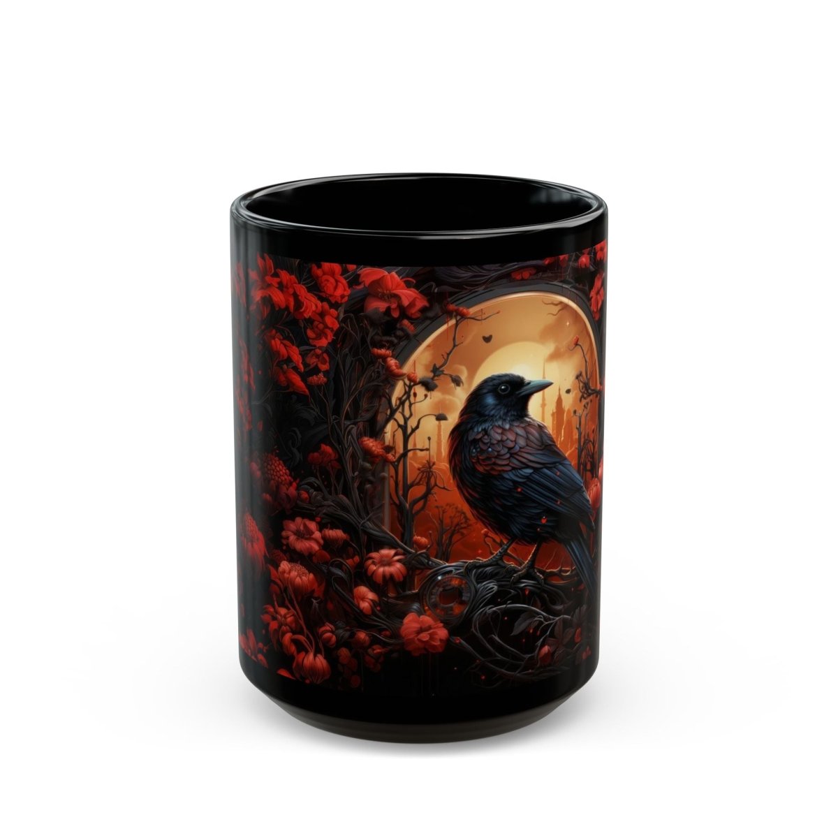 Dark Crow in the Flower Forest Coffe Mug 15oz - Elegant Deer