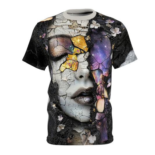 Ethereal Fracture: Dual - Sided Cosmic Art T-Shirt (AOP) - Elegant Deer