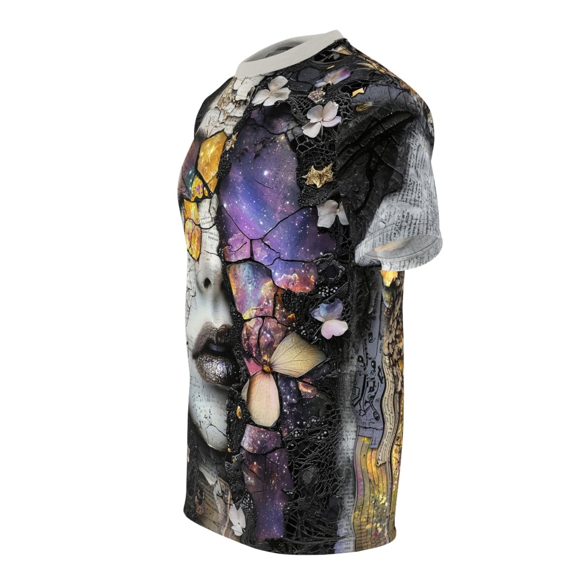 Ethereal Fracture: Dual - Sided Cosmic Art T-Shirt (AOP) - Elegant Deer
