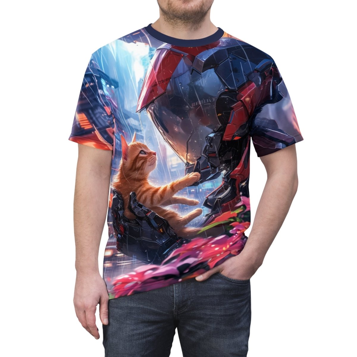 Futuristic Robot and Cat T-Shirt (AOP) - Elegant Deer