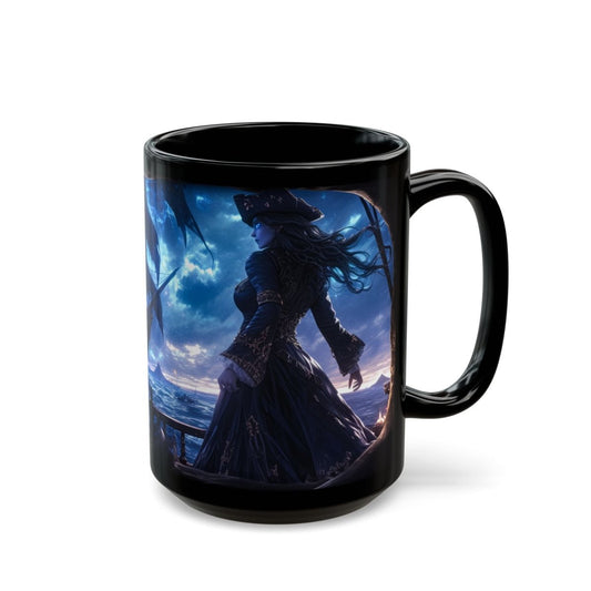 ☠️ Ghostly Pirate Queen Black Mug – Haunted Ship Captain - Elegant Deer