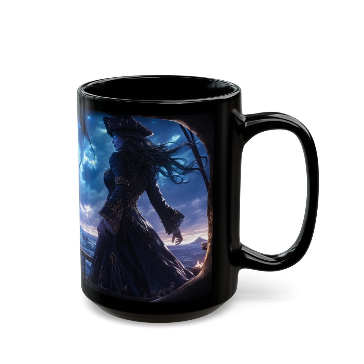 ☠️ Ghostly Pirate Queen Black Mug – Haunted Ship Captain - Elegant Deer