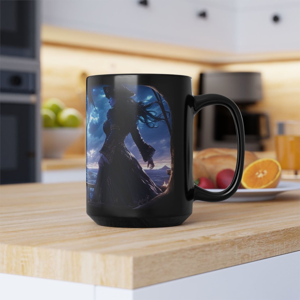 ☠️ Ghostly Pirate Queen Black Mug – Haunted Ship Captain - Elegant Deer