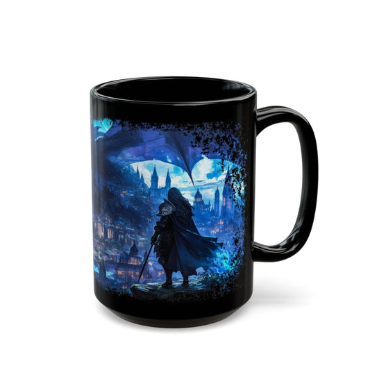 Legendary Dragon & Dark Warrior Black Mug – Epic Fantasy Art 15oz - Elegant Deer