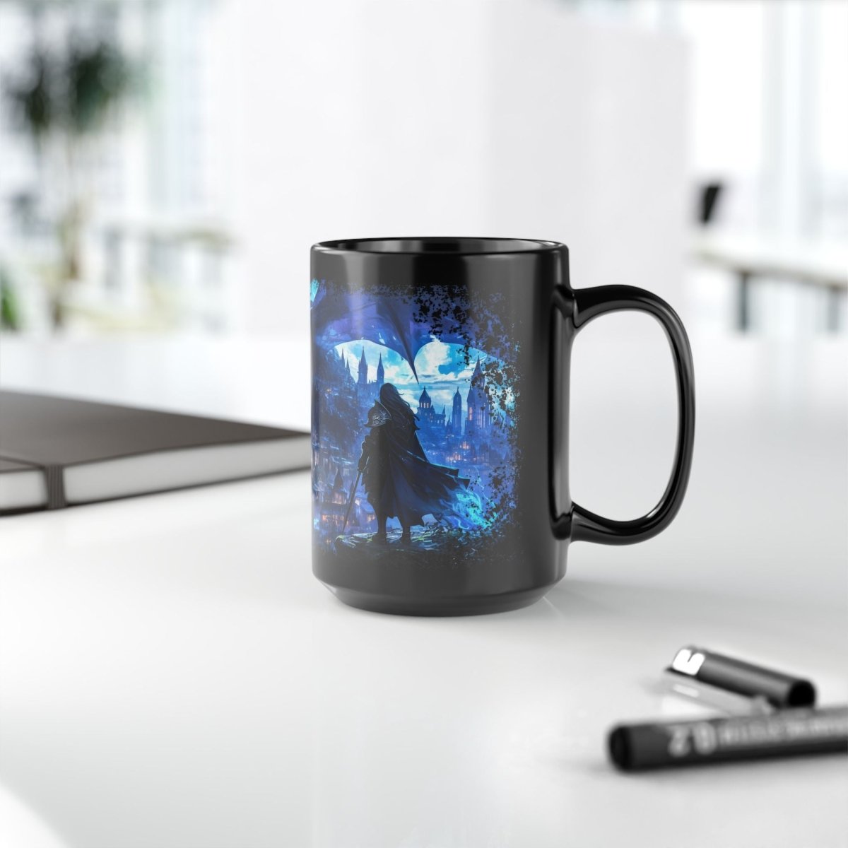 Legendary Dragon & Dark Warrior Black Mug – Epic Fantasy Art 15oz - Elegant Deer
