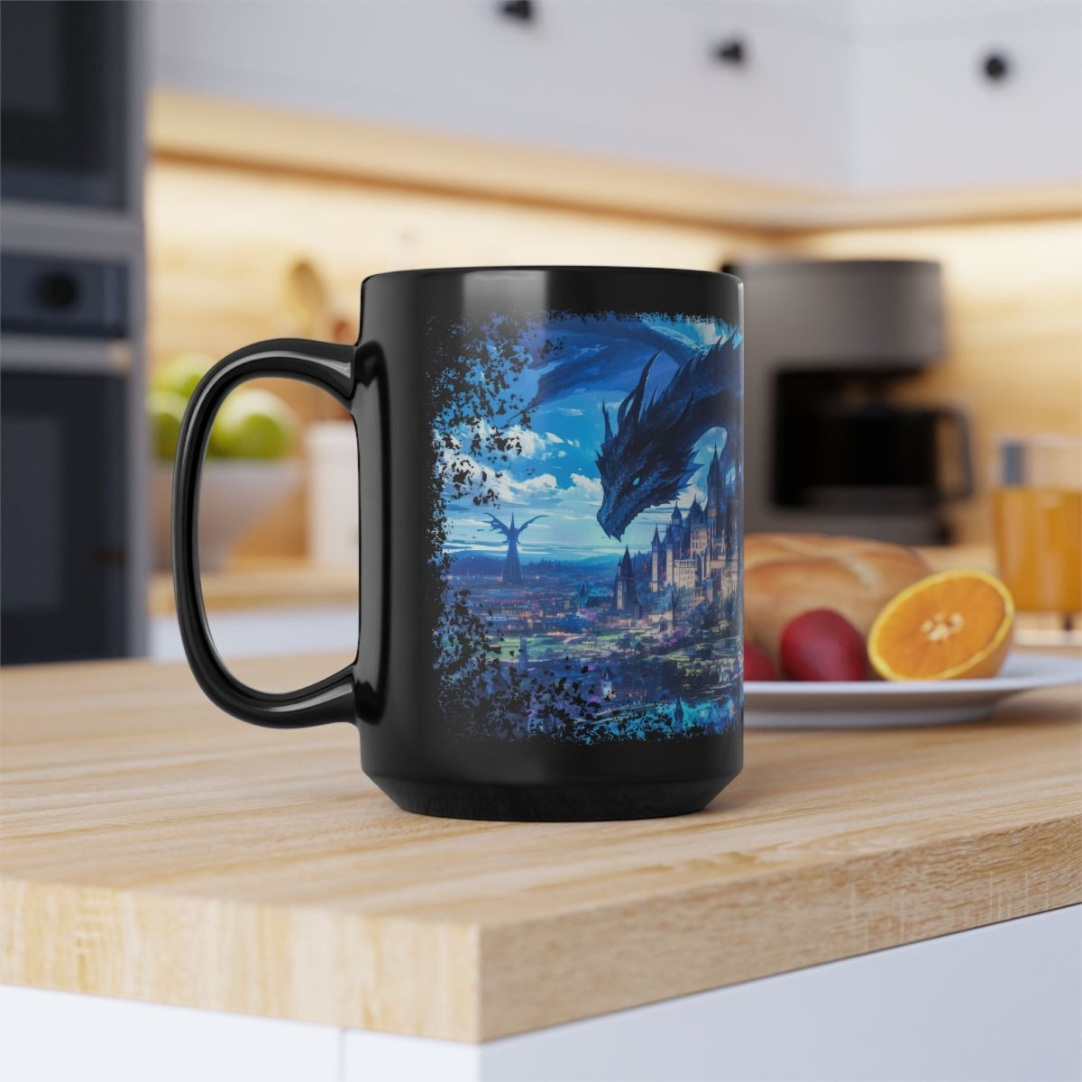 Legendary Dragon & Dark Warrior Black Mug – Epic Fantasy Art 15oz - Elegant Deer