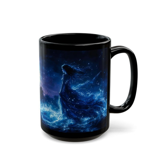 🌙 Moonlit Sorceress Black Mug – Mystical Feminine Fantasy Art - Elegant Deer