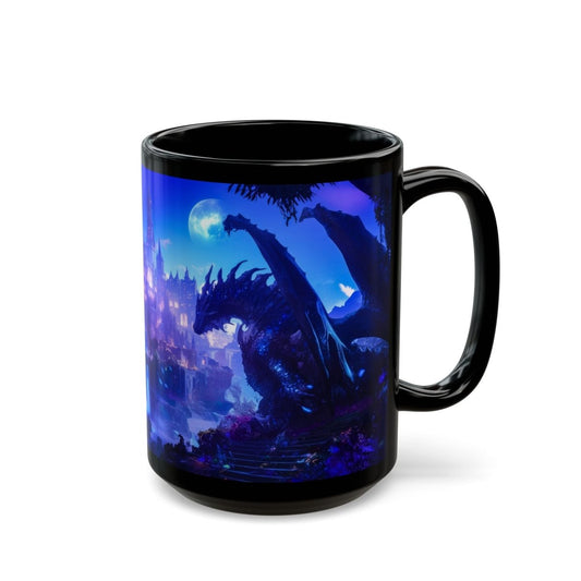 Mystic Dragon & Enchanted Castle Black Mug – Fantasy Night Scene 15oz - Elegant Deer
