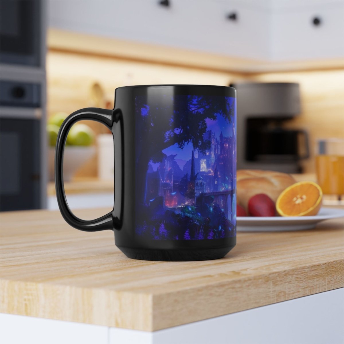 Mystic Dragon & Enchanted Castle Black Mug – Fantasy Night Scene 15oz - Elegant Deer