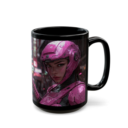 🎴 Neon Cyber Samurai Black Mug – Futuristic Warrior Woman - Elegant Deer