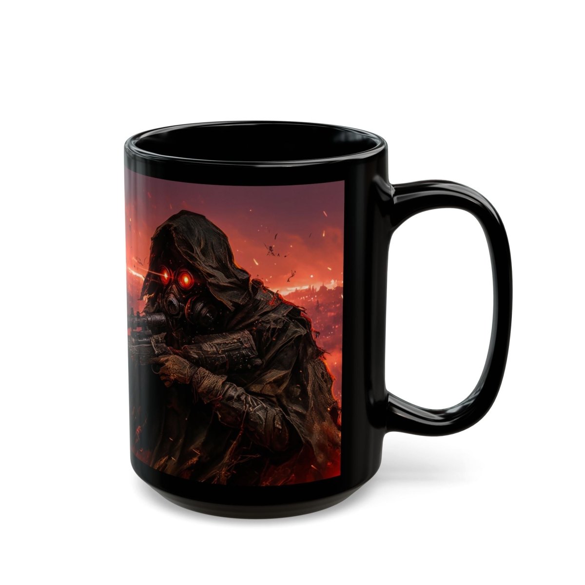 🎯 Post - Apocalyptic Sniper Black Mug – Dystopian Wasteland Warrior - Elegant Deer