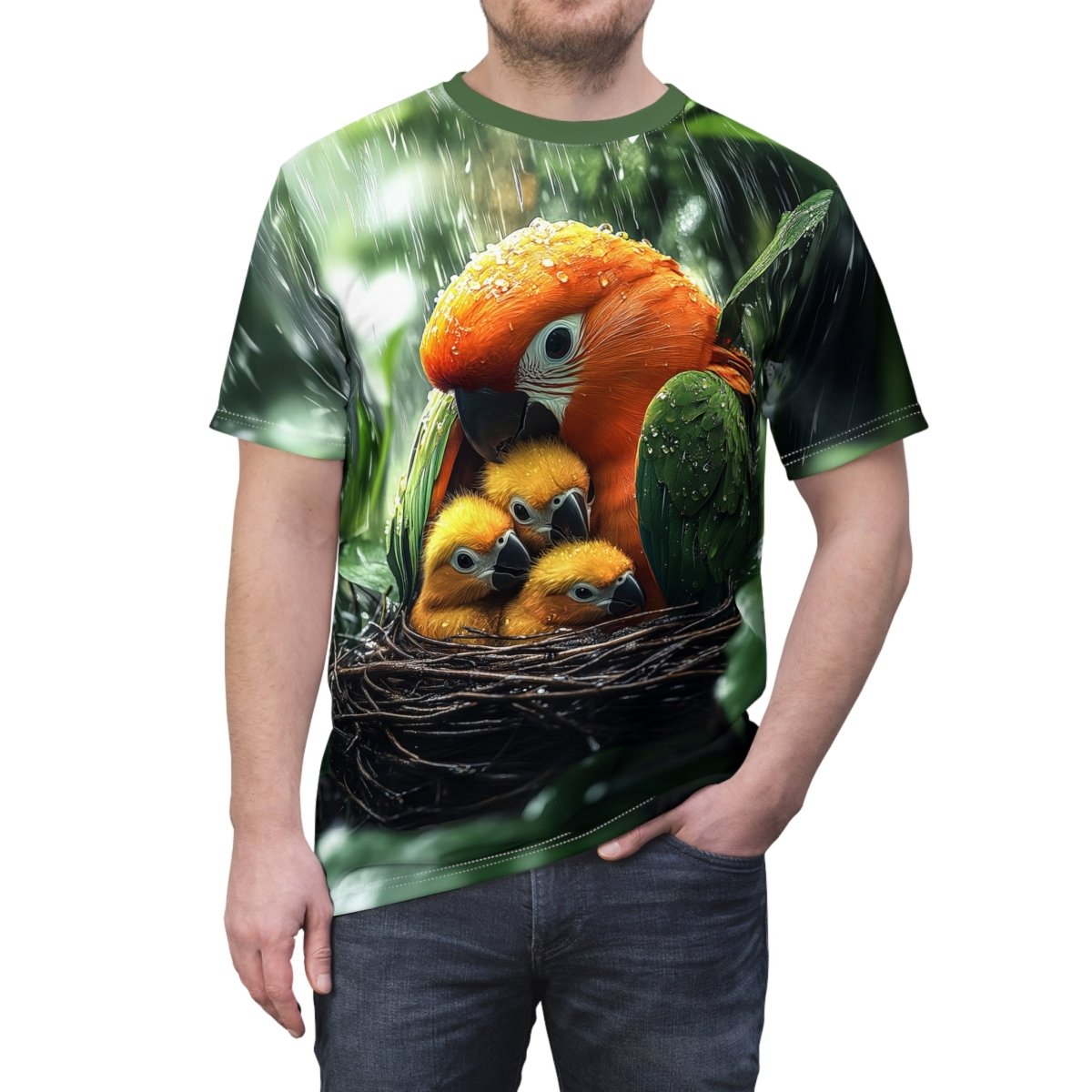 Rainforest Guardians: Parrot Family AOP T-Shirt - Elegant Deer
