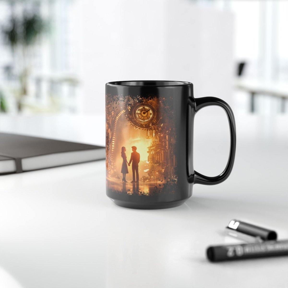 Steampunk Romance Black Mug – Vintage Clockwork Love Scene 15oz - Elegant Deer