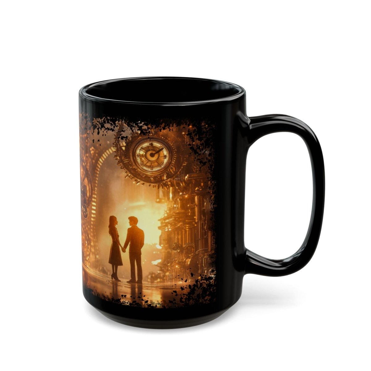 Steampunk Romance Black Mug – Vintage Clockwork Love Scene 15oz - Elegant Deer