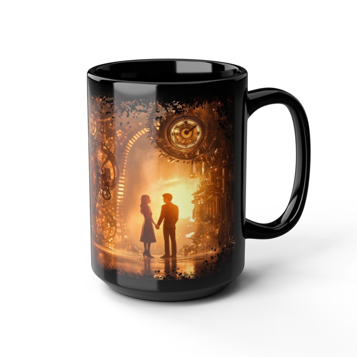 Steampunk Romance Black Mug – Vintage Clockwork Love Scene 15oz - Elegant Deer