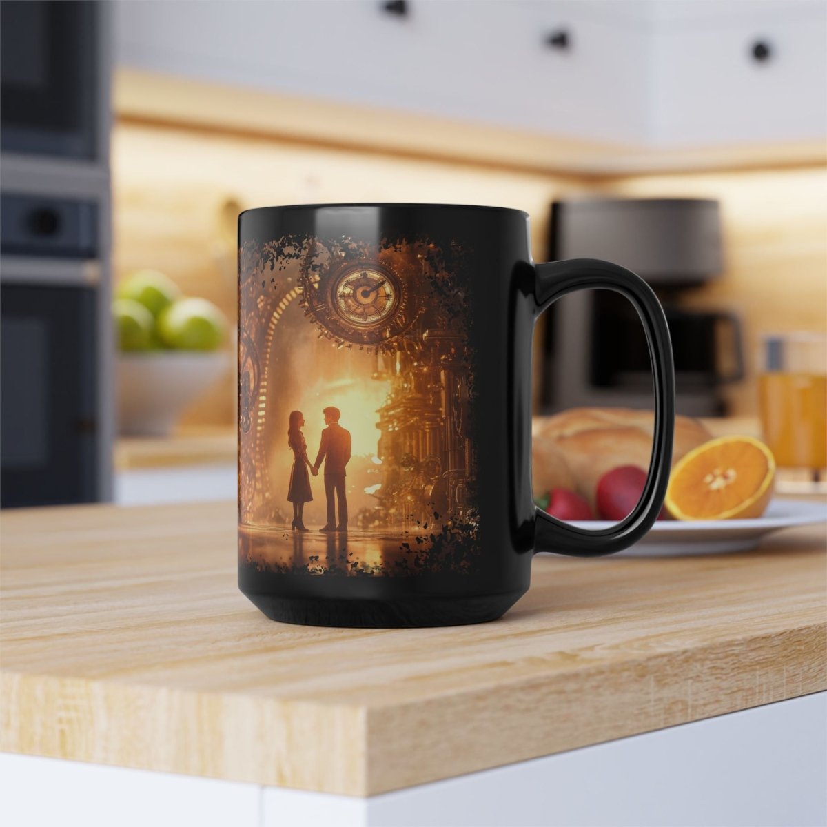 Steampunk Romance Black Mug – Vintage Clockwork Love Scene 15oz - Elegant Deer
