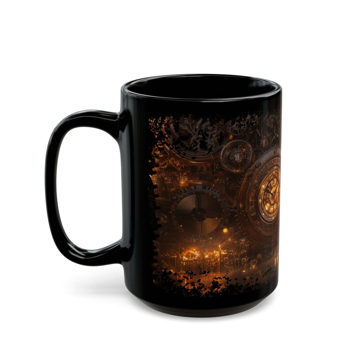 Steampunk Romance Black Mug – Vintage Clockwork Love Scene 15oz - Elegant Deer