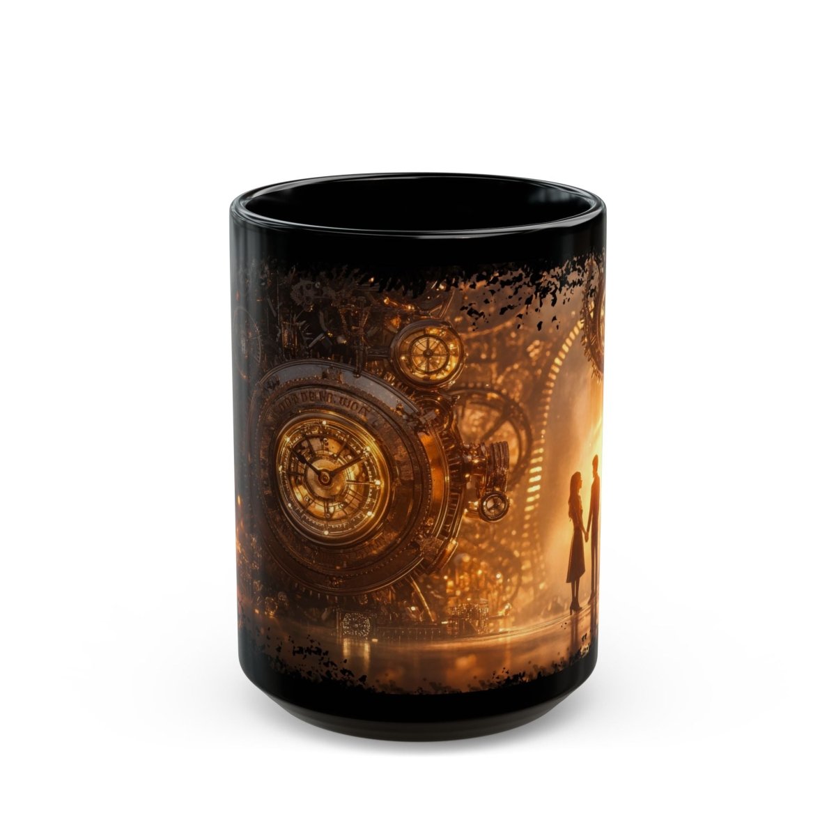 Steampunk Romance Black Mug – Vintage Clockwork Love Scene 15oz - Elegant Deer