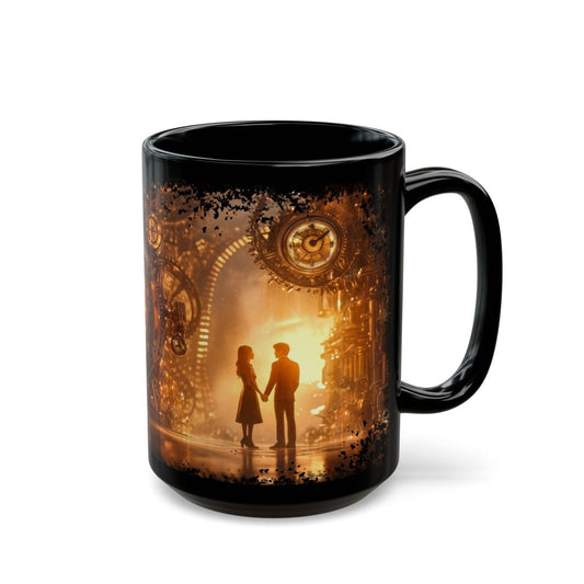 Steampunk Romance Black Mug – Vintage Clockwork Love Scene 15oz - Elegant Deer