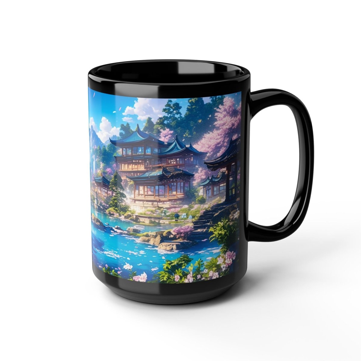 Traditional Japanese Serenity Mug – Cherry Blossoms and Tranquil Lake 15oz - Elegant Deer