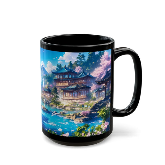 Traditional Japanese Serenity Mug – Cherry Blossoms and Tranquil Lake 15oz - Elegant Deer